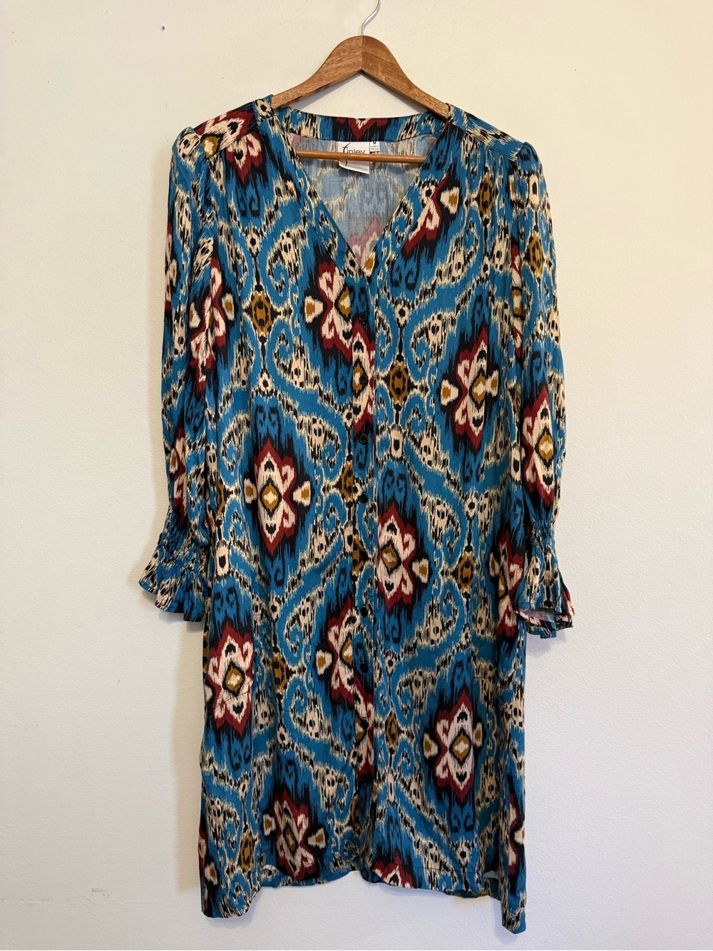 Finley Blue Boho Ikat Western Button Down 3/4 Sleeve Shirt Dress Size M - Picture 2 of 8